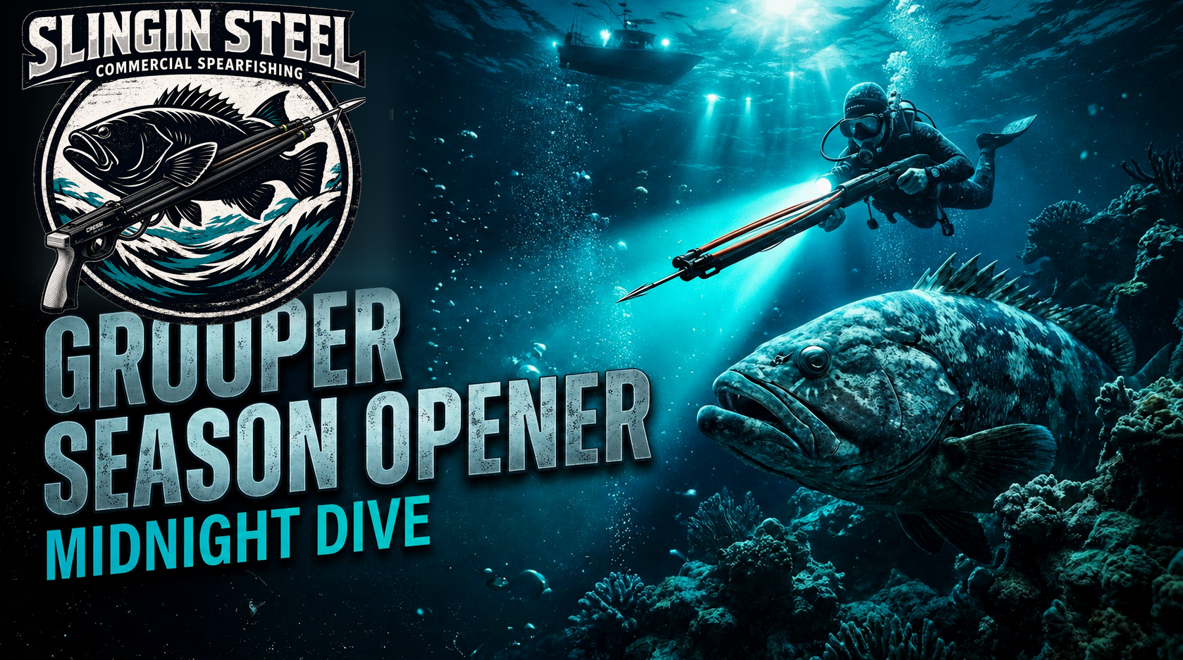 Grouper Season Opener — Midnight Dive event promotional banner showing a spearfisherman facing a massive grouper in deep ocean waters